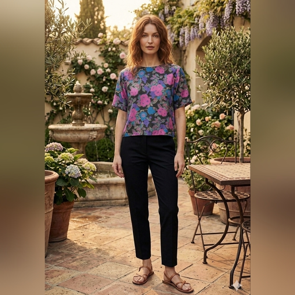 100% Silk Vintage Floral Print Women's Blouse - Pink and Blue
